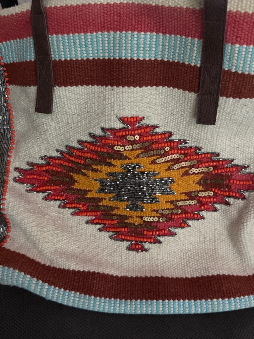 Boho Sequin Tribal Tote Bag - Cream with Red & Gold Accents